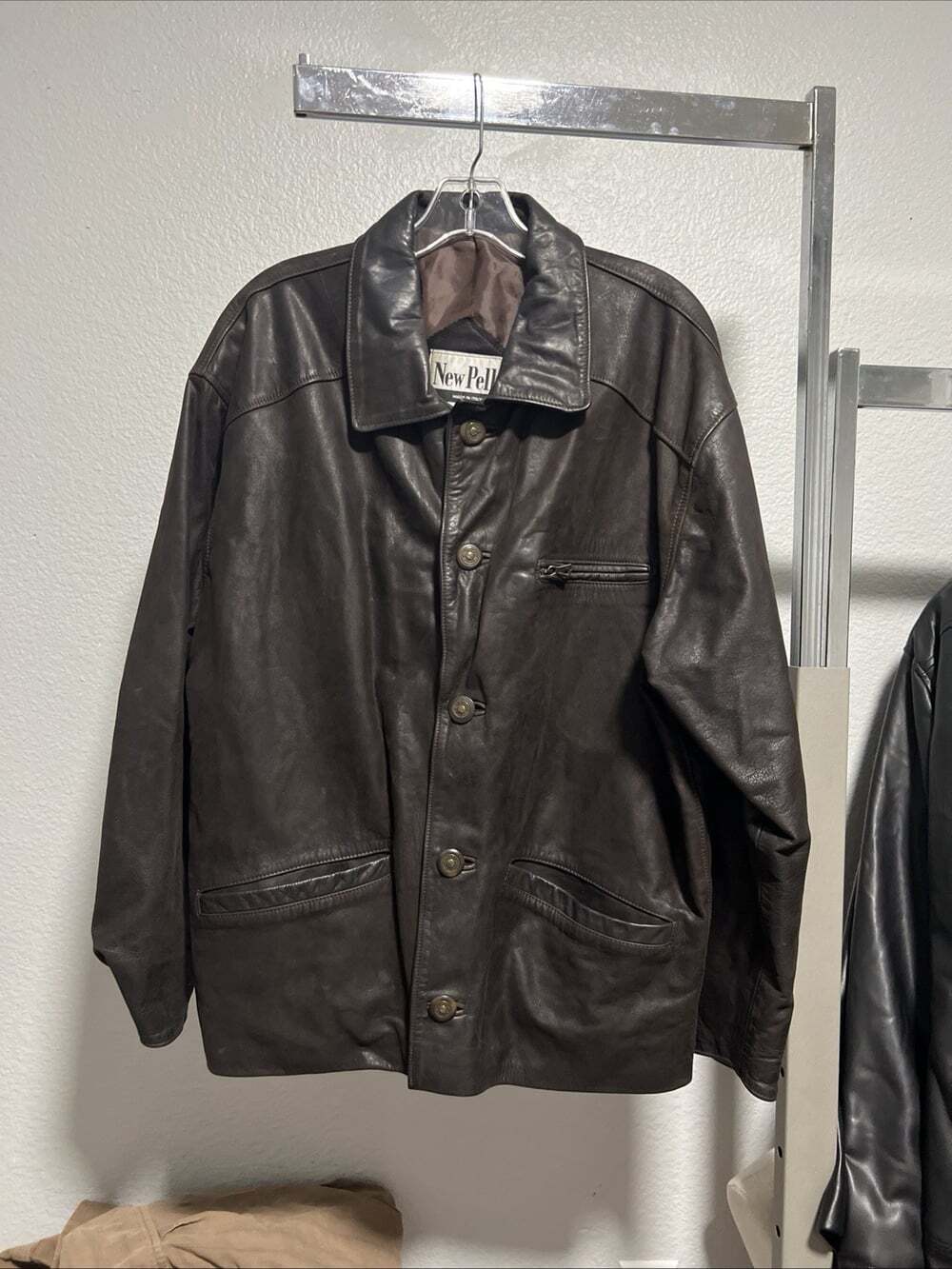 Vera New Pelle Mens Button Up Dark Brown Leather Jacket Italy Size Medium